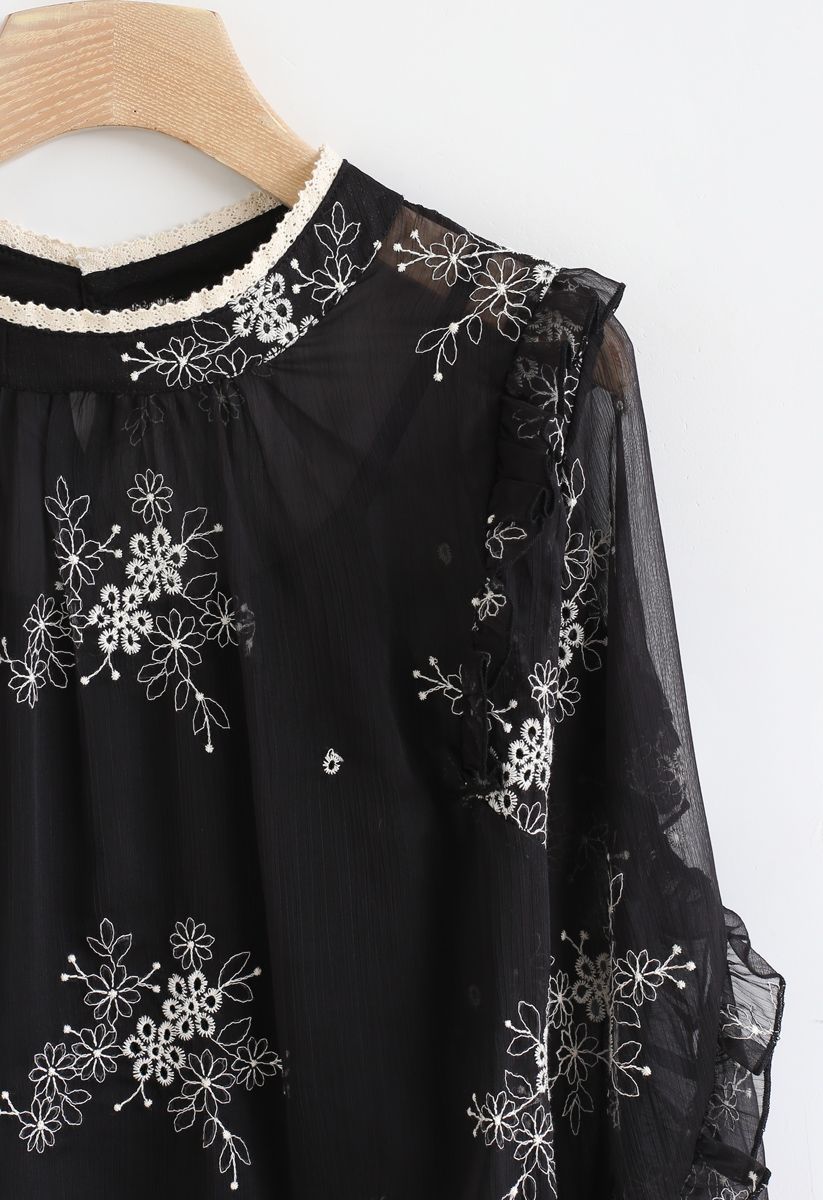 Eyelet Floral Embroidered Semi-Sheer Top in Black