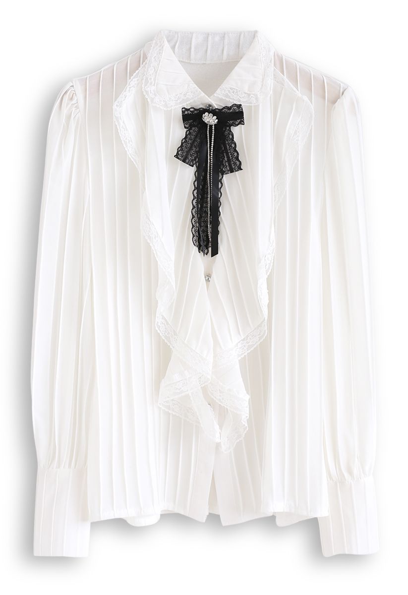Crystal Lace Brooch Pleated Sheer Top in White
