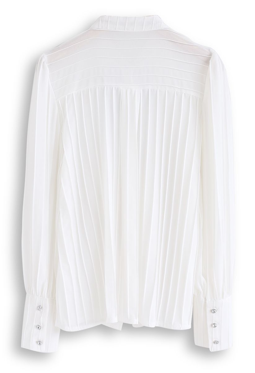 Crystal Lace Brooch Pleated Sheer Top in White