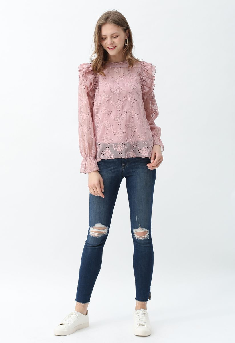 Eyelet Detail Floral Embroidered Ruffle Top in Pink
