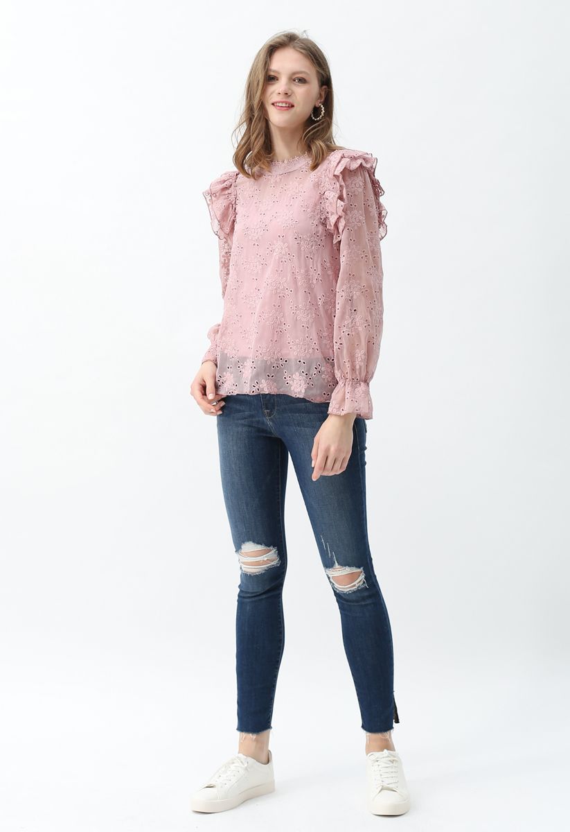 Eyelet Detail Floral Embroidered Ruffle Top in Pink