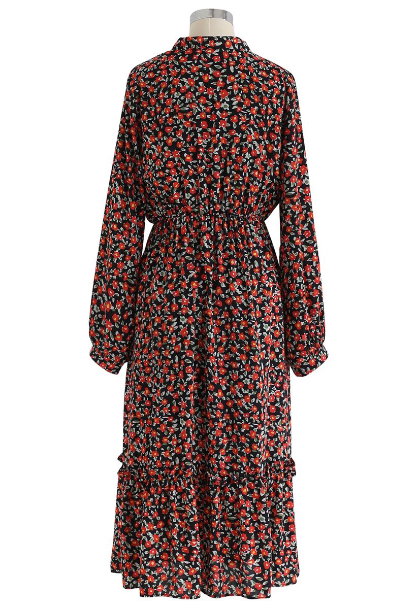 Red Posy Frill Hem Wrap Dress - Retro, Indie and Unique Fashion