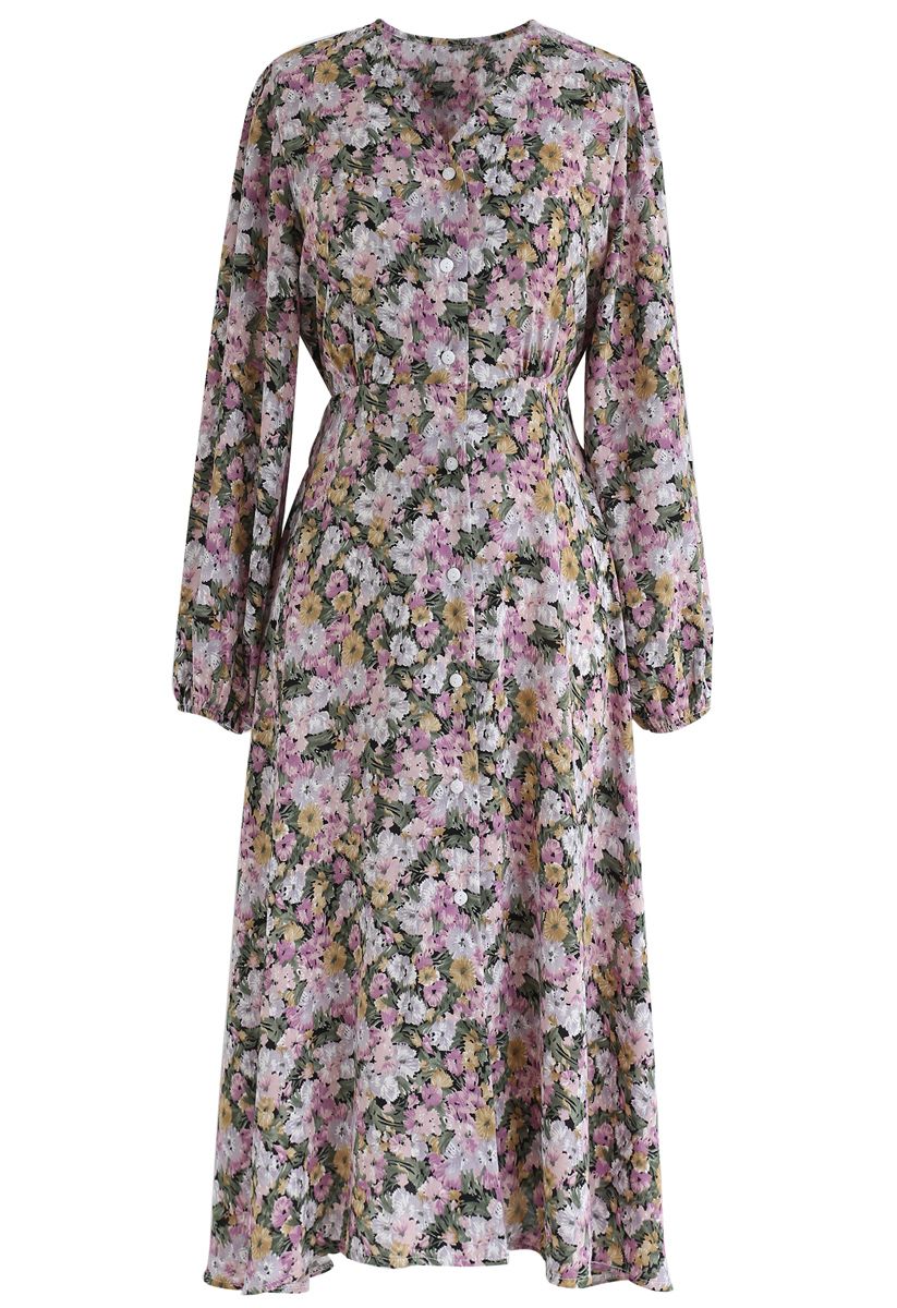 Daisy Print Button Down V-Neck Dress in Lilac - Retro, Indie and Unique ...