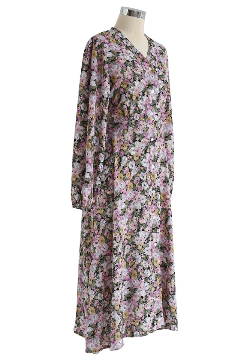 Daisy Print Button Down V-Neck Dress in Lilac - Retro, Indie and Unique ...
