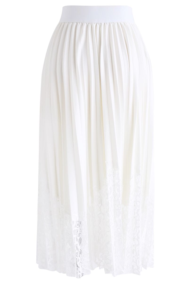 Lightsome Lace Hem Pleated Midi Skirt in White