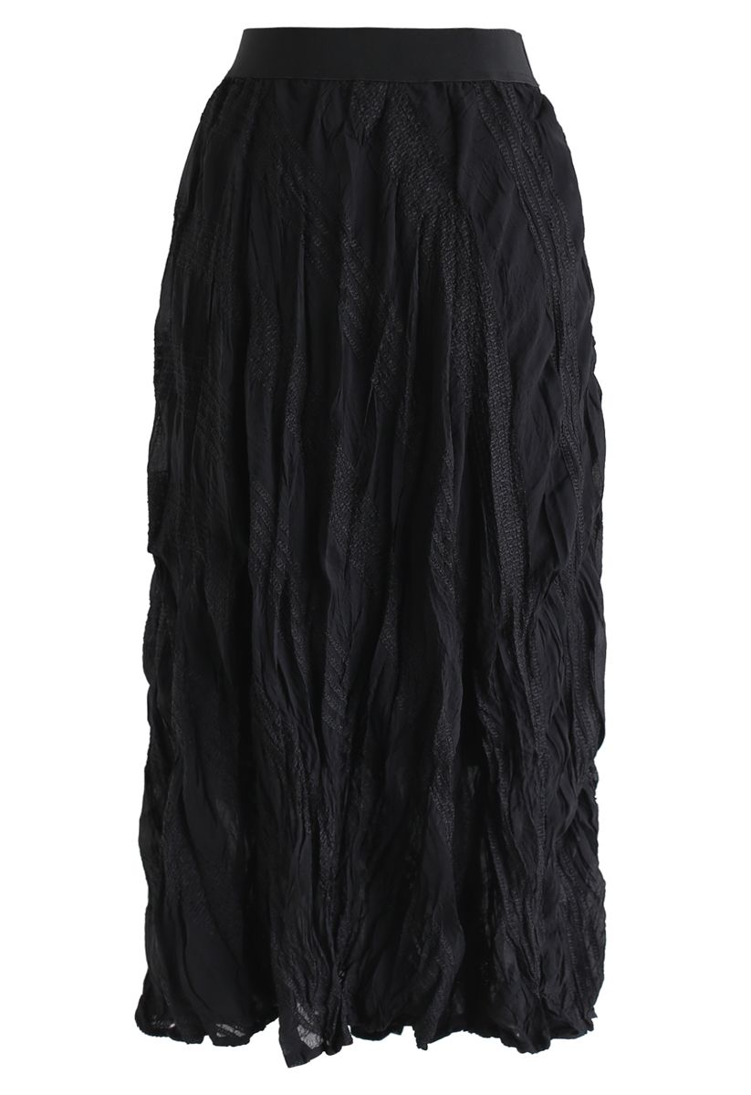 Slanted Embroidered Pleated Midi Skirt in Black - Retro, Indie and ...