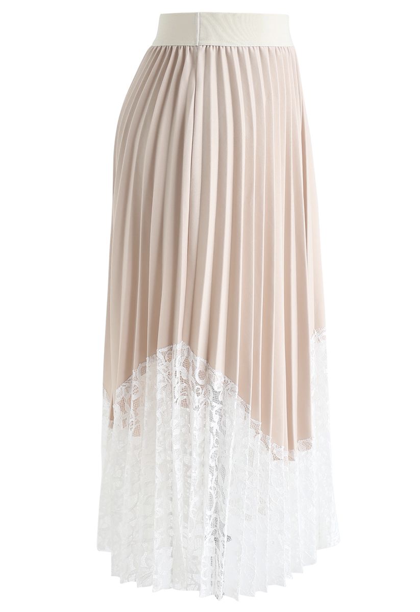 Lightsome Lace Hem Pleated Midi Skirt in Cream