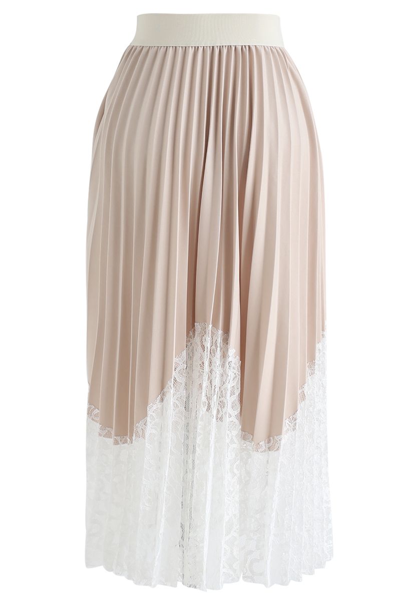 Lightsome Lace Hem Pleated Midi Skirt in Cream
