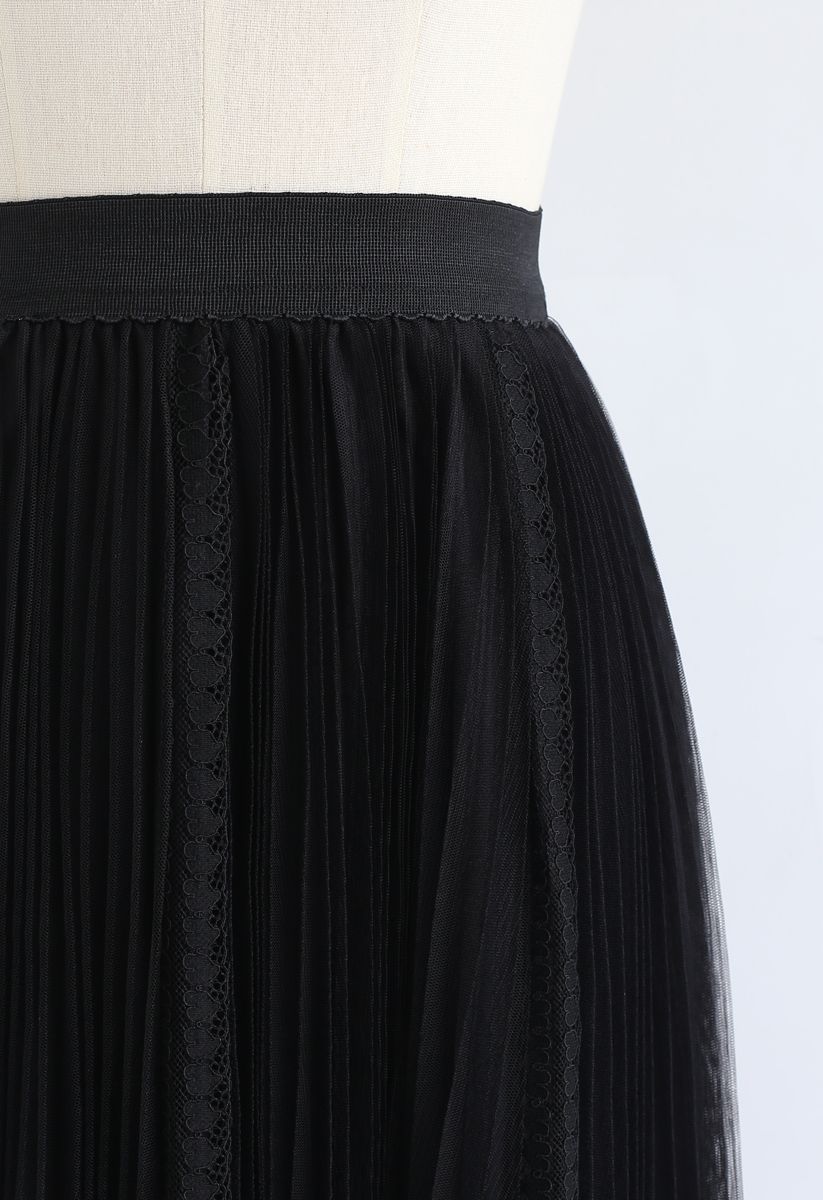 Exquisite Mesh Lace Pleated Midi Skirt in Black - Retro, Indie and ...
