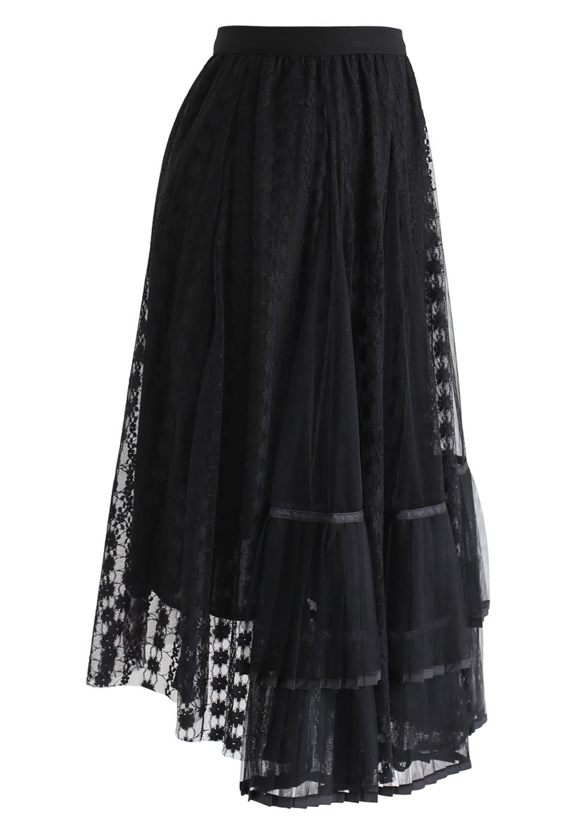 Lace Pleated Mesh Asymmetric Skirt in Black - Retro, Indie and Unique ...