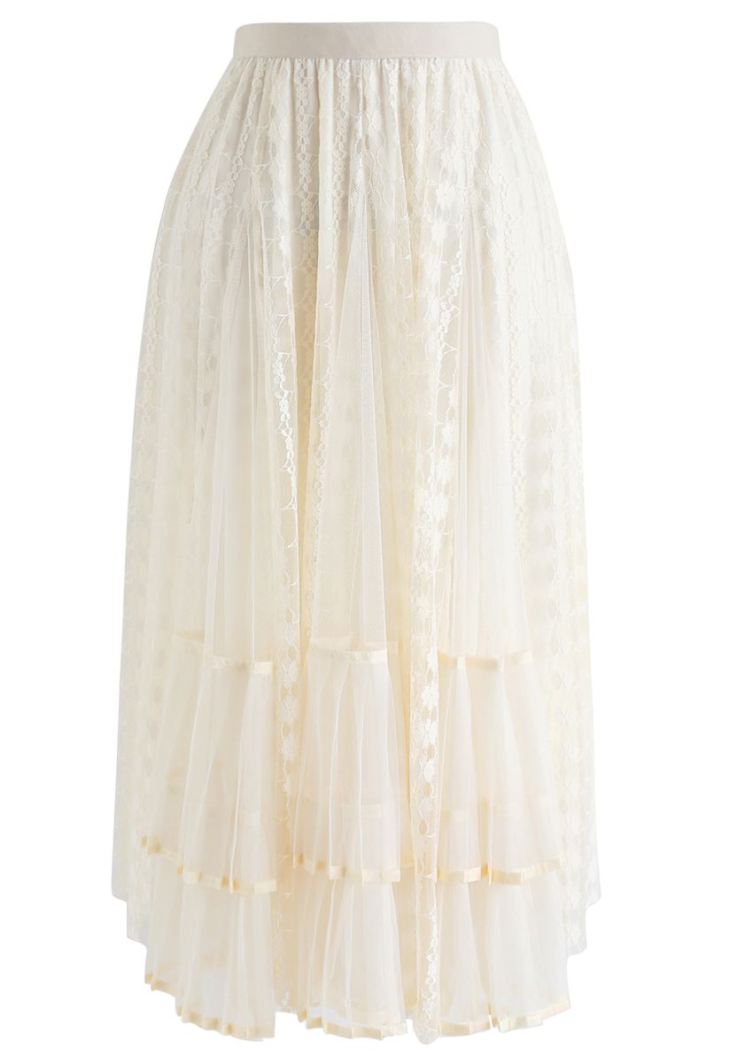 Lace Pleated Mesh Asymmetric Skirt in Cream - Retro, Indie and Unique ...