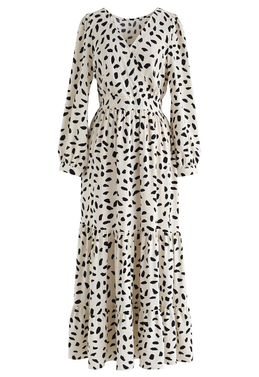 Spots Frilling Wrap Maxi Dress in Ivory - Retro, Indie and Unique Fashion