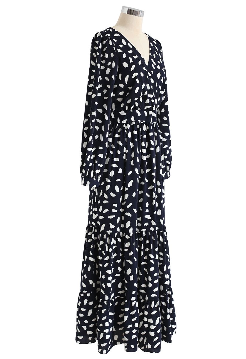 Spots Frilling Wrap Maxi Dress in Navy - Retro, Indie and Unique Fashion