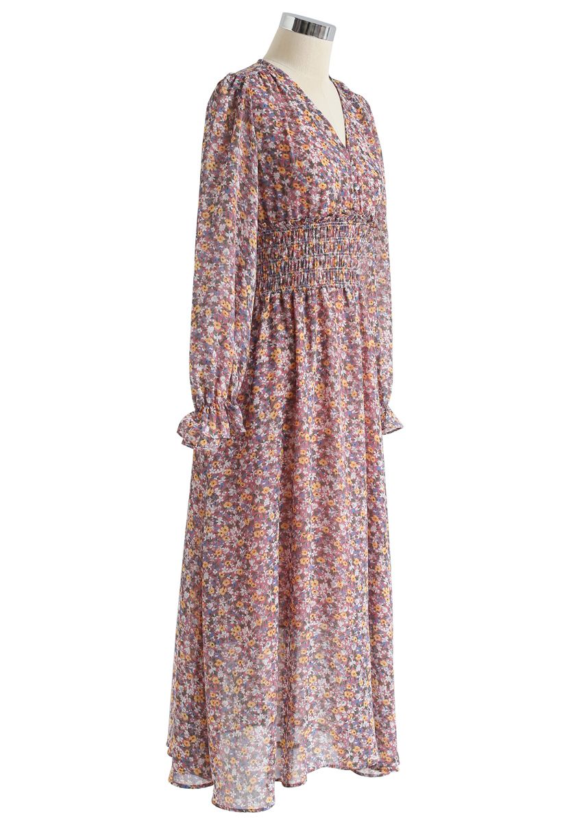 Floret Shirred Chiffon Midi Dress in Pink - Retro, Indie and Unique Fashion