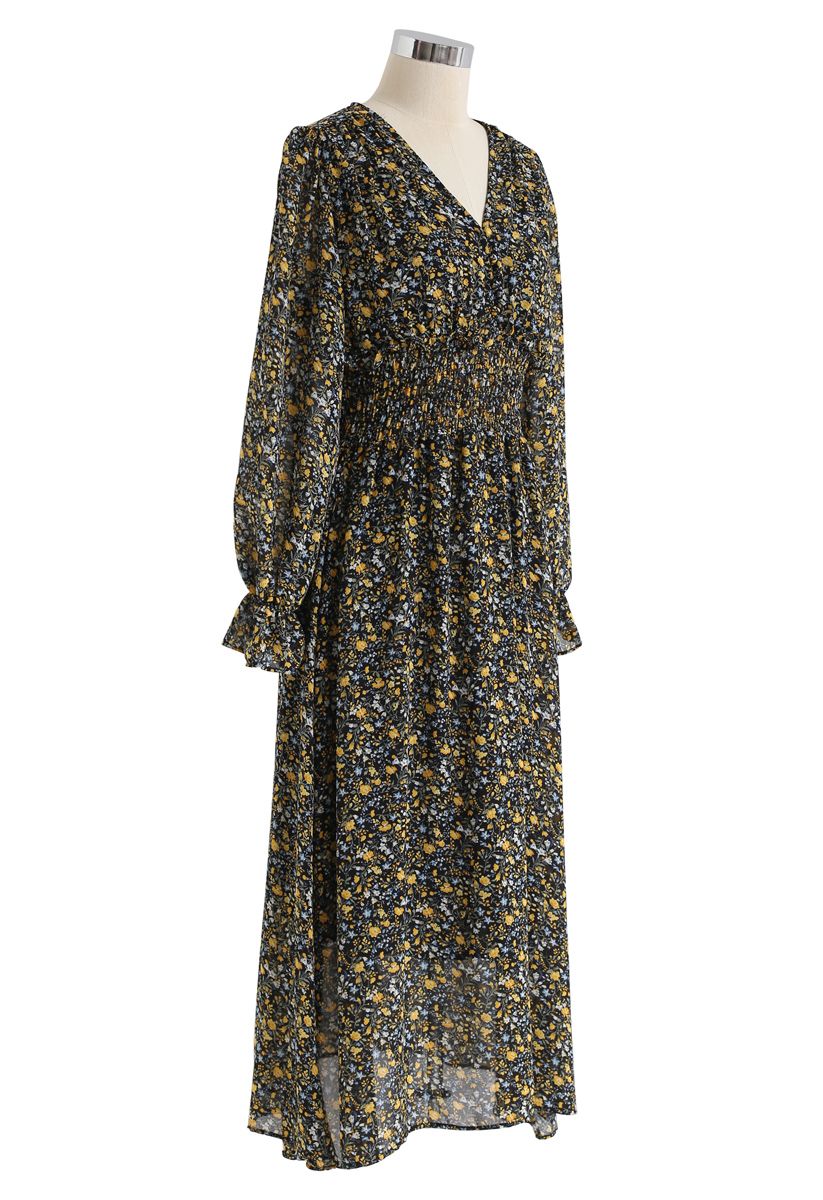 Floret Shirred Chiffon Midi Dress in Black - Retro, Indie and Unique ...