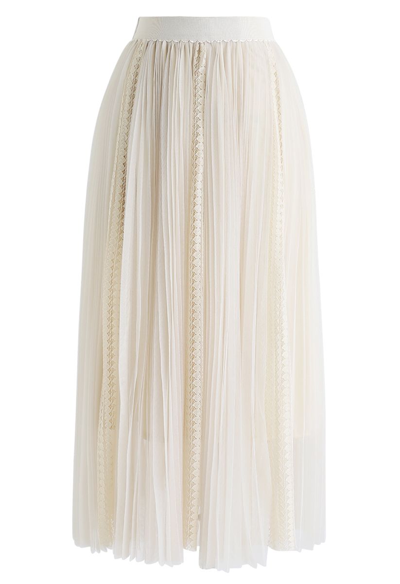 Exquisite Mesh Lace Pleated Midi Skirt in Cream - Retro, Indie and ...