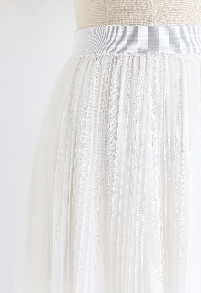 Exquisite Mesh Lace Pleated Midi Skirt in White - Retro, Indie and ...