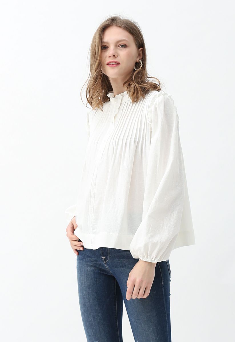 Ruffle Trim Buttoned Pleated Top in White - Retro, Indie and Unique Fashion