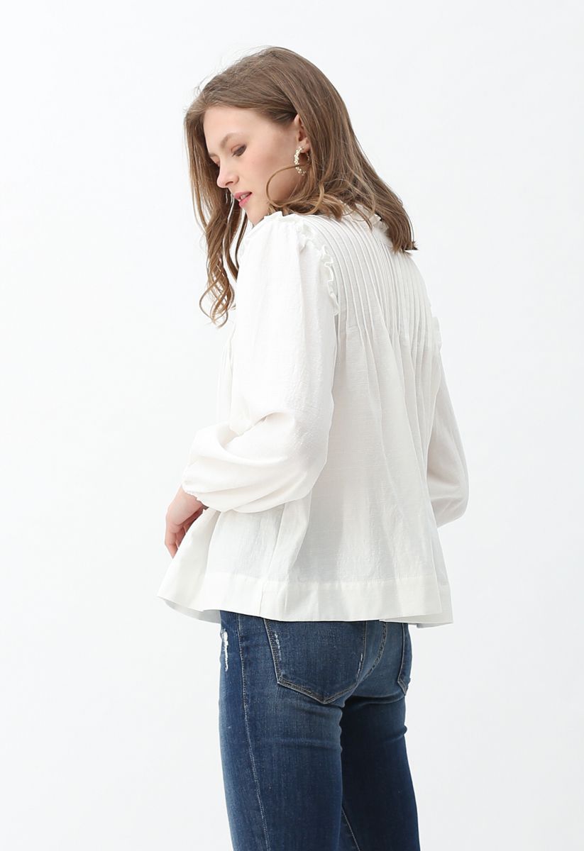 Ruffle Trim Buttoned Pleated Top in White - Retro, Indie and Unique Fashion