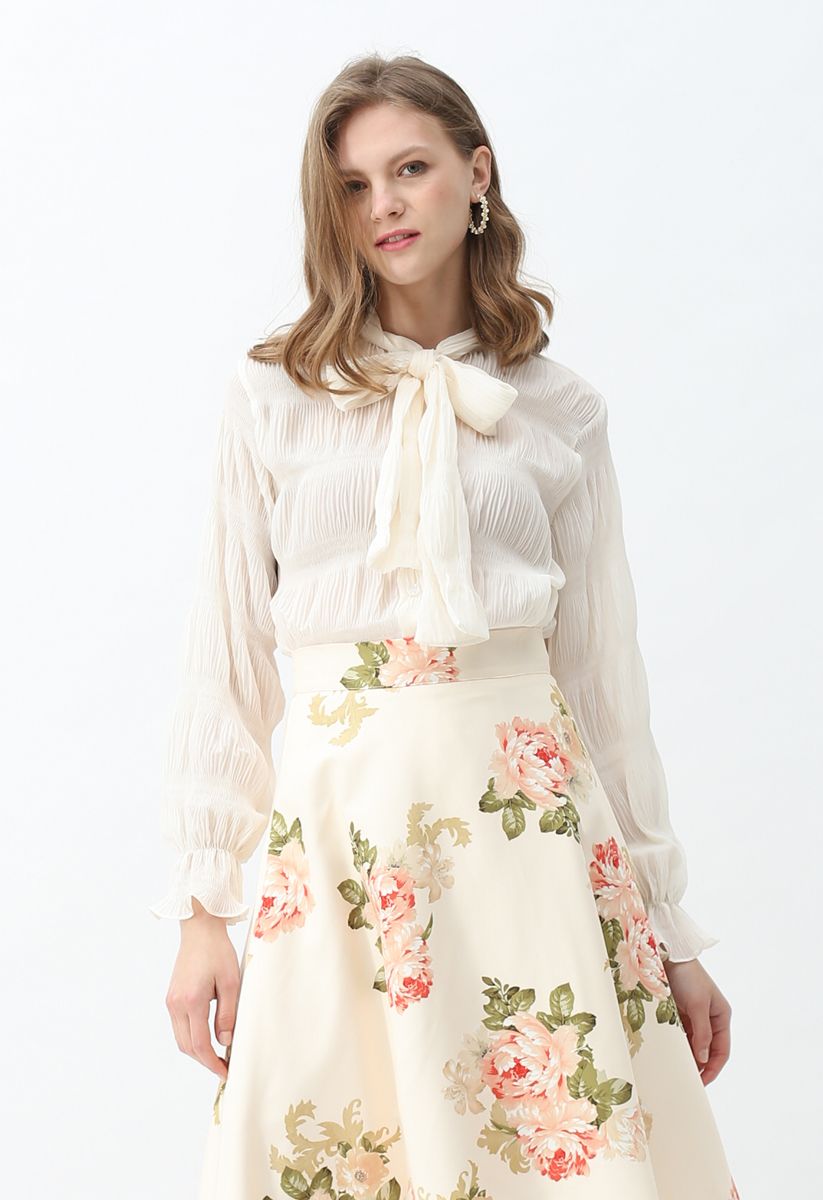Shirred Bowknot Neck Sleeves Shirt in Cream