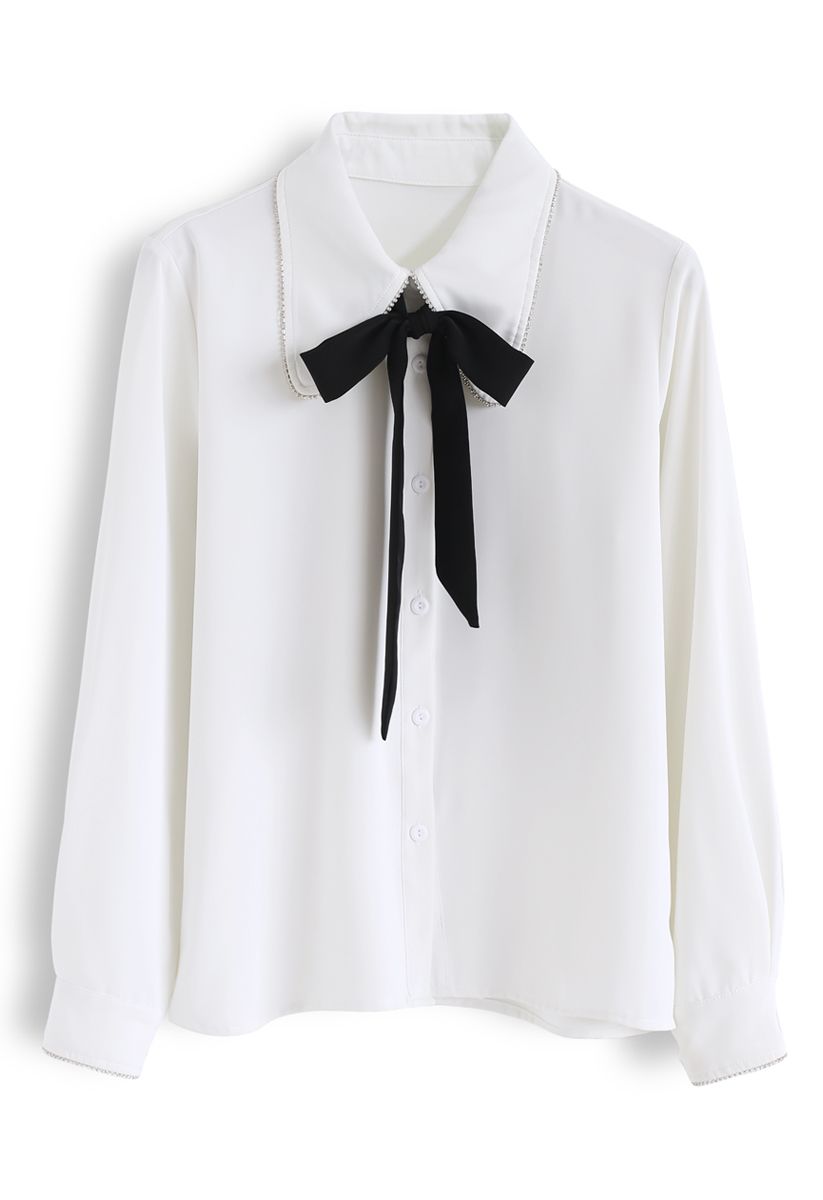 Crystal Edge Bowknot Button Down Shirt in White - Retro, Indie and ...