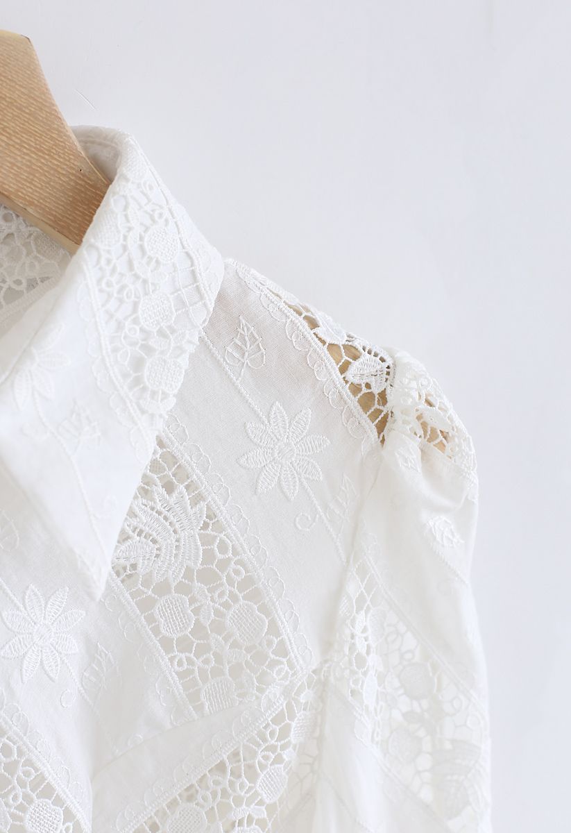 Eyelet Crochet Floral Buttoned Top in White
