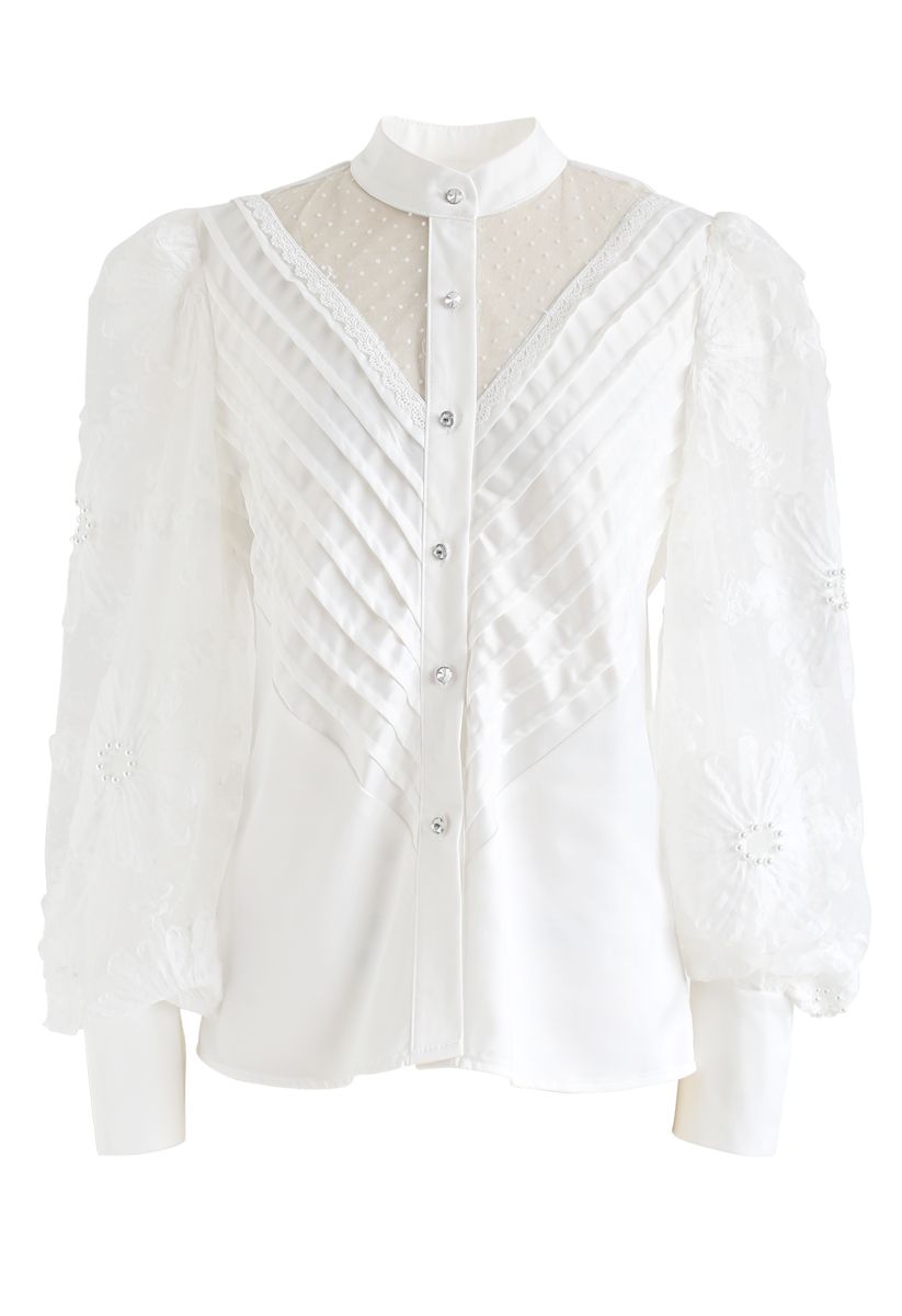 Mesh Inserted Floral Bubble Sleeves Buttoned Top in White
