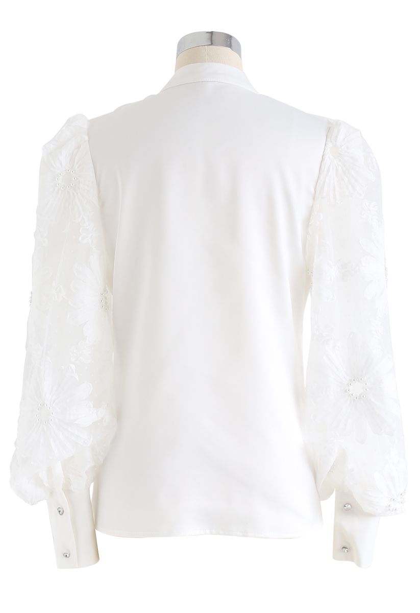 Mesh Inserted Floral Bubble Sleeves Buttoned Top in White - Retro ...