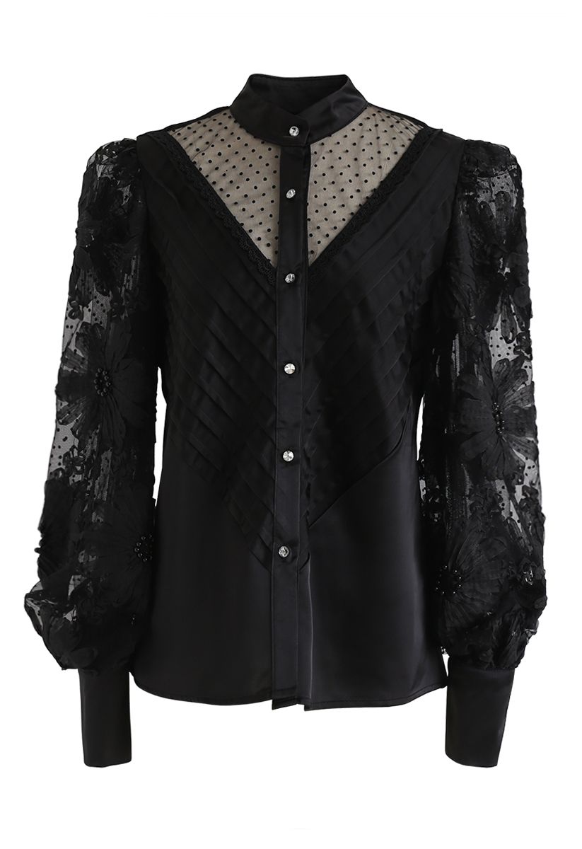 Mesh Inserted Floral Bubble Sleeves Buttoned Top in Black