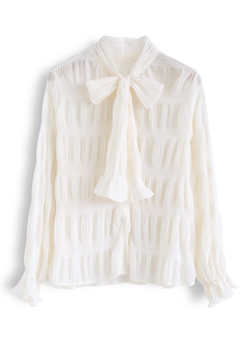 Shirred Bowknot Neck Sleeves Shirt in Cream