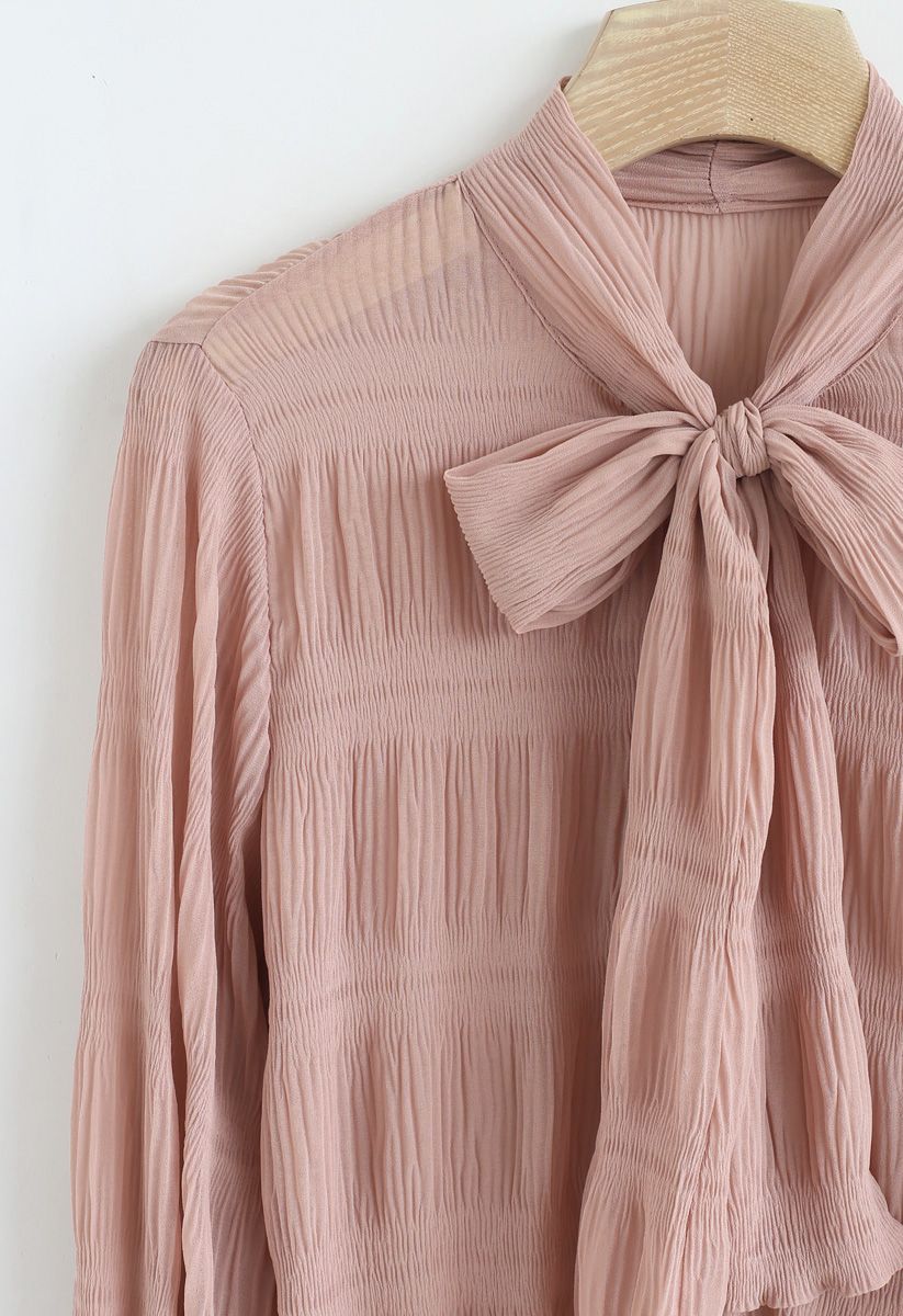 Shirred Bowknot Neck Sleeves Shirt in Coral