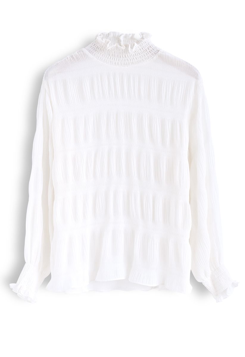 Mock Neck Shirred Sleeves Top in White