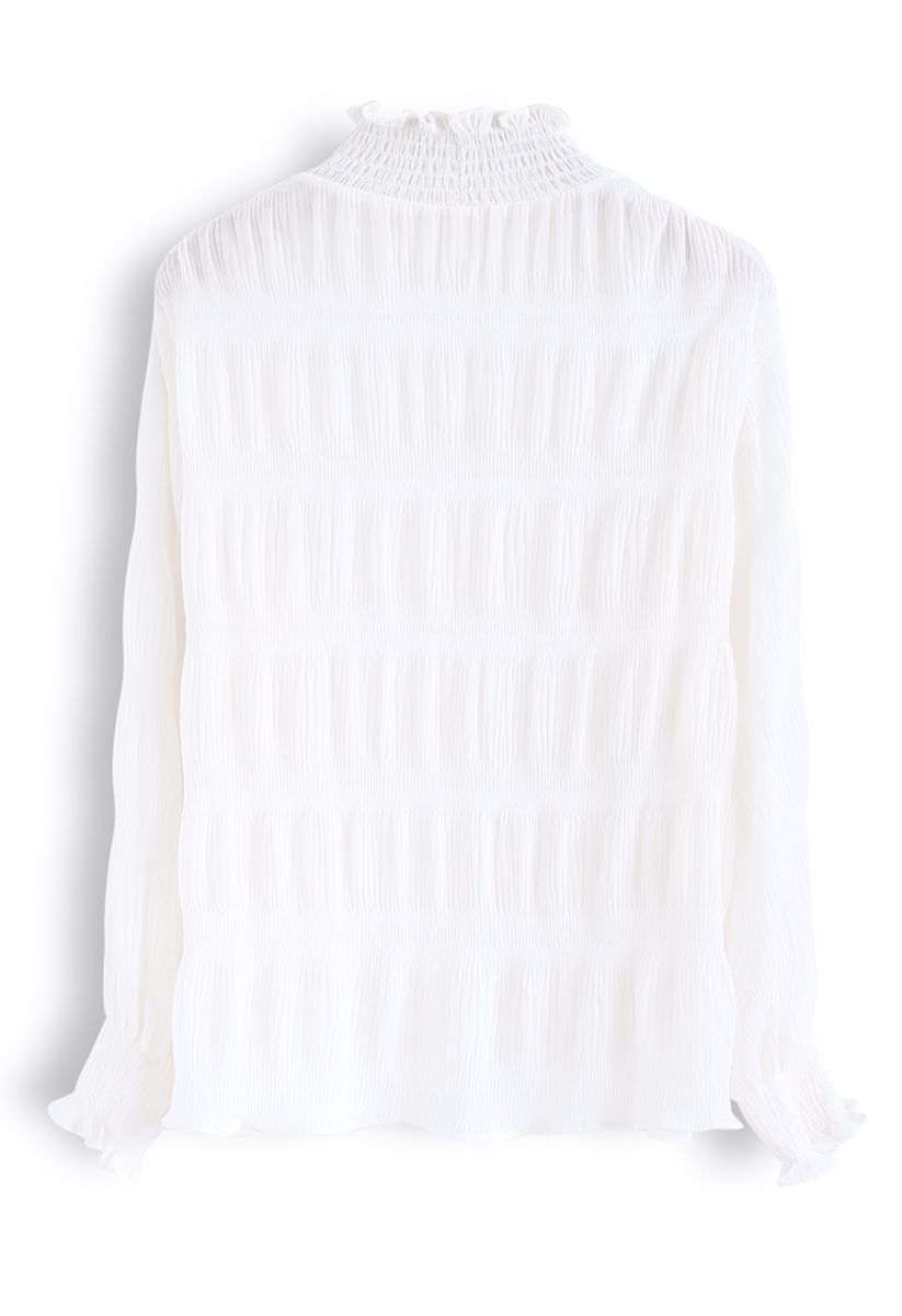 Mock Neck Shirred Sleeves Top in White