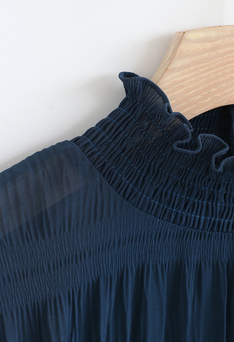 Mock Neck Shirred Sleeves Top in Indigo - Retro, Indie and Unique Fashion