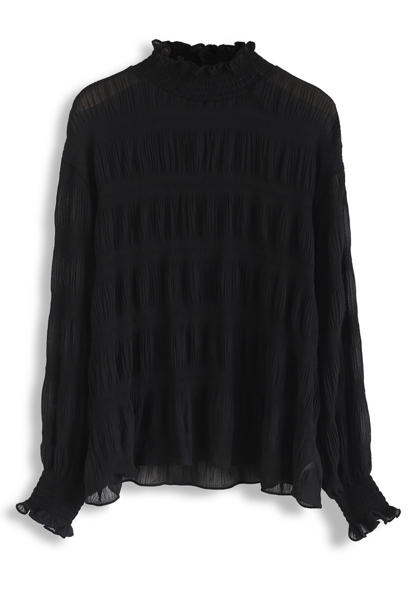 Mock Neck Shirred Sleeves Top in Black - Retro, Indie and Unique Fashion