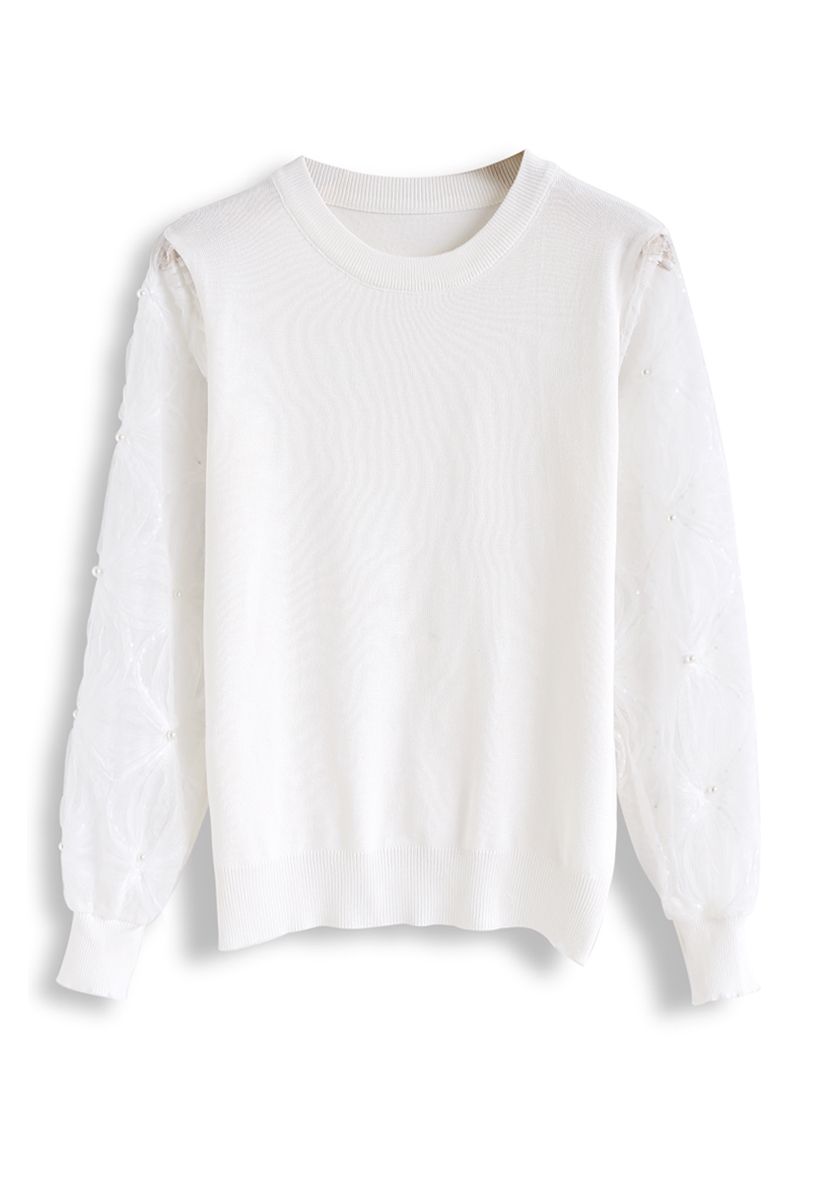 Pearls and Sequins Trim Mesh Sleeves Knit Top in White