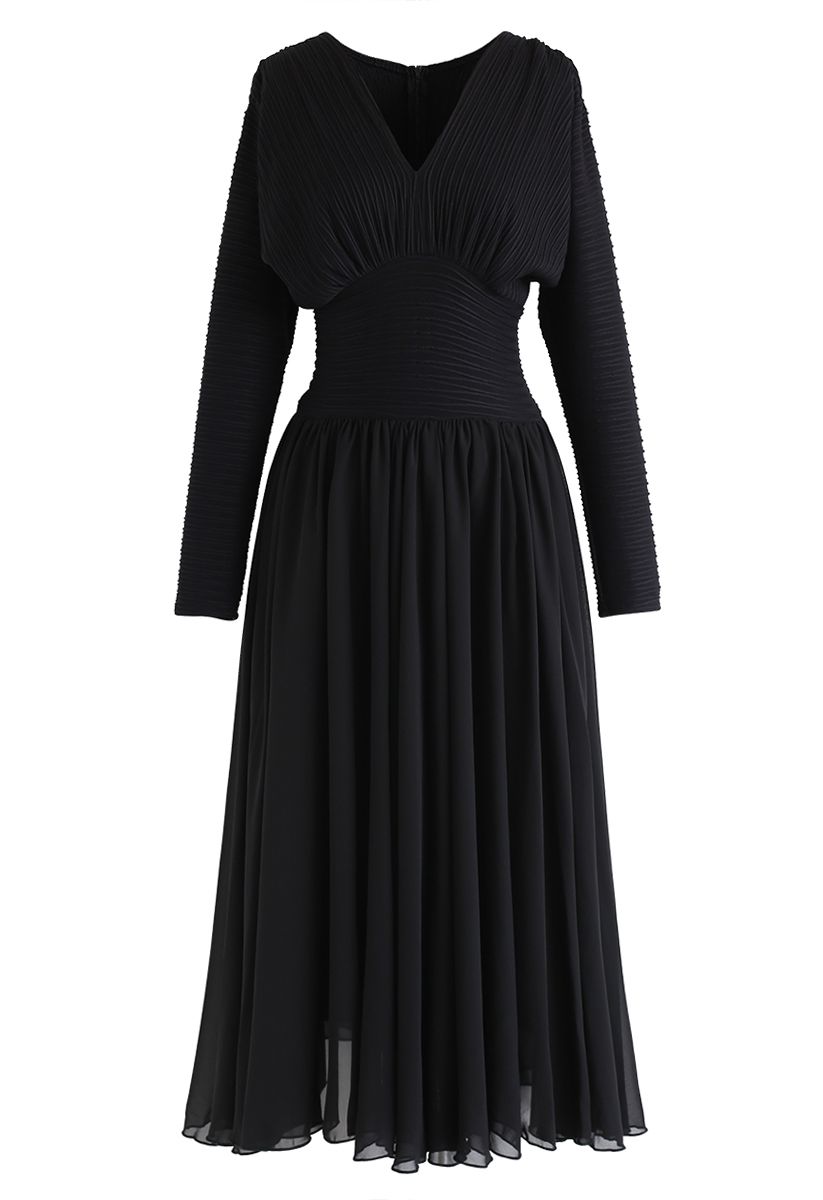 Shirred V-Neck Pleated Sleeves Dress in Black