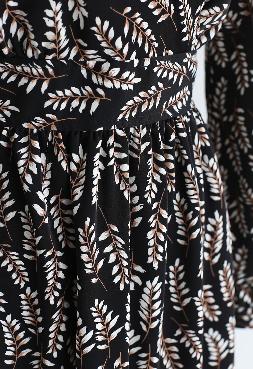 Summer Leaf Print Wrap Maxi Dress in Black - Retro, Indie and Unique ...