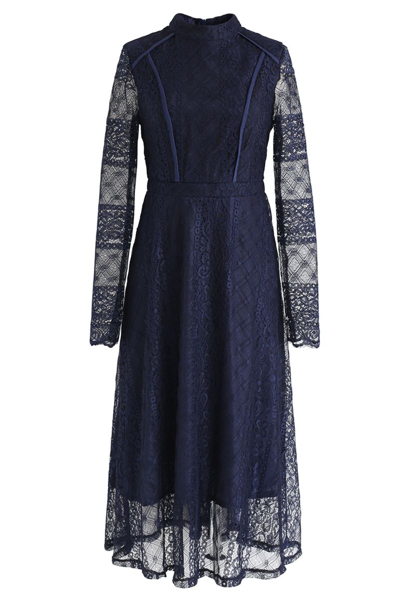 Mock Neck Full Lace Midi Dress in Navy - Retro, Indie and Unique Fashion