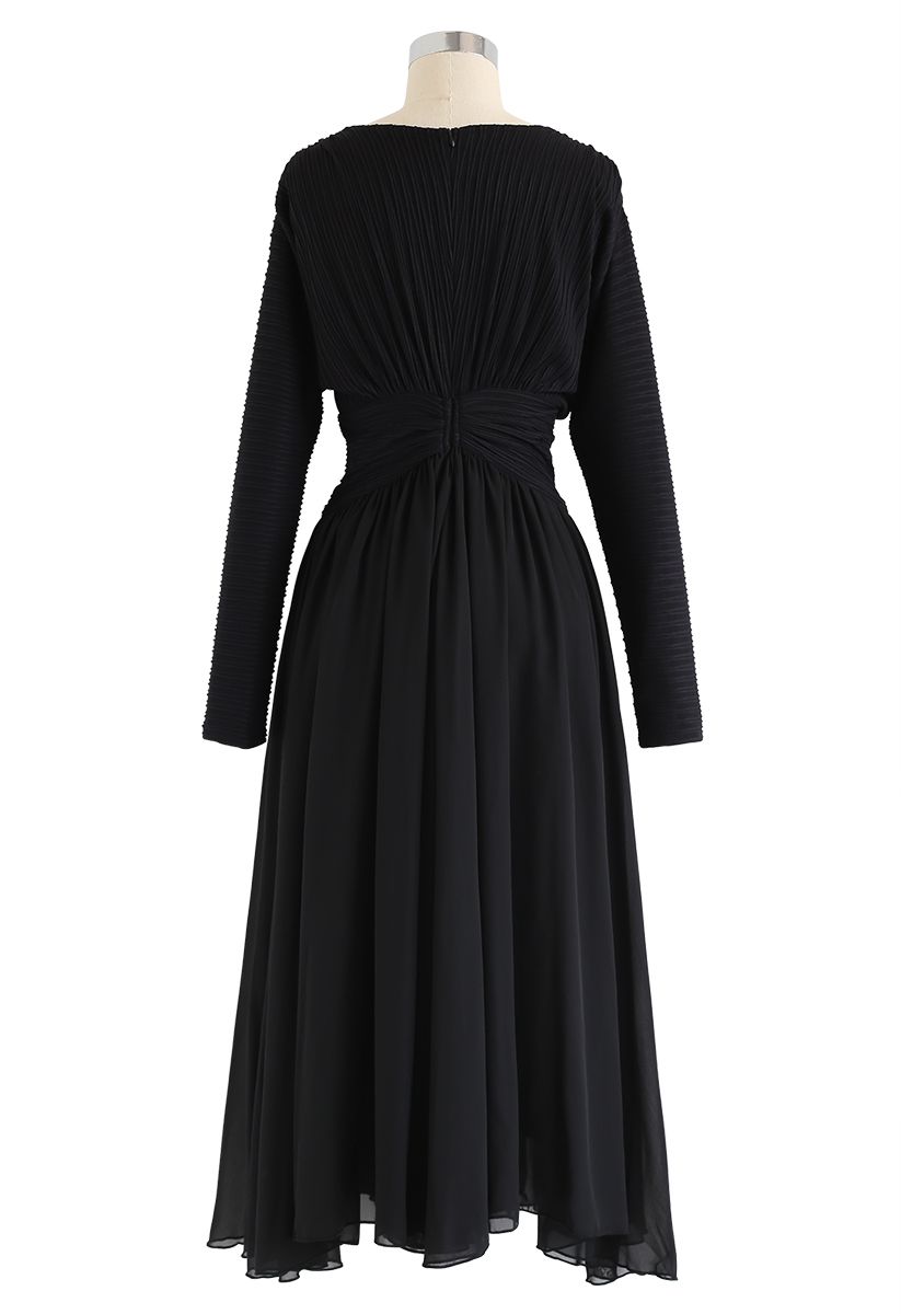 Shirred V-Neck Pleated Sleeves Dress in Black