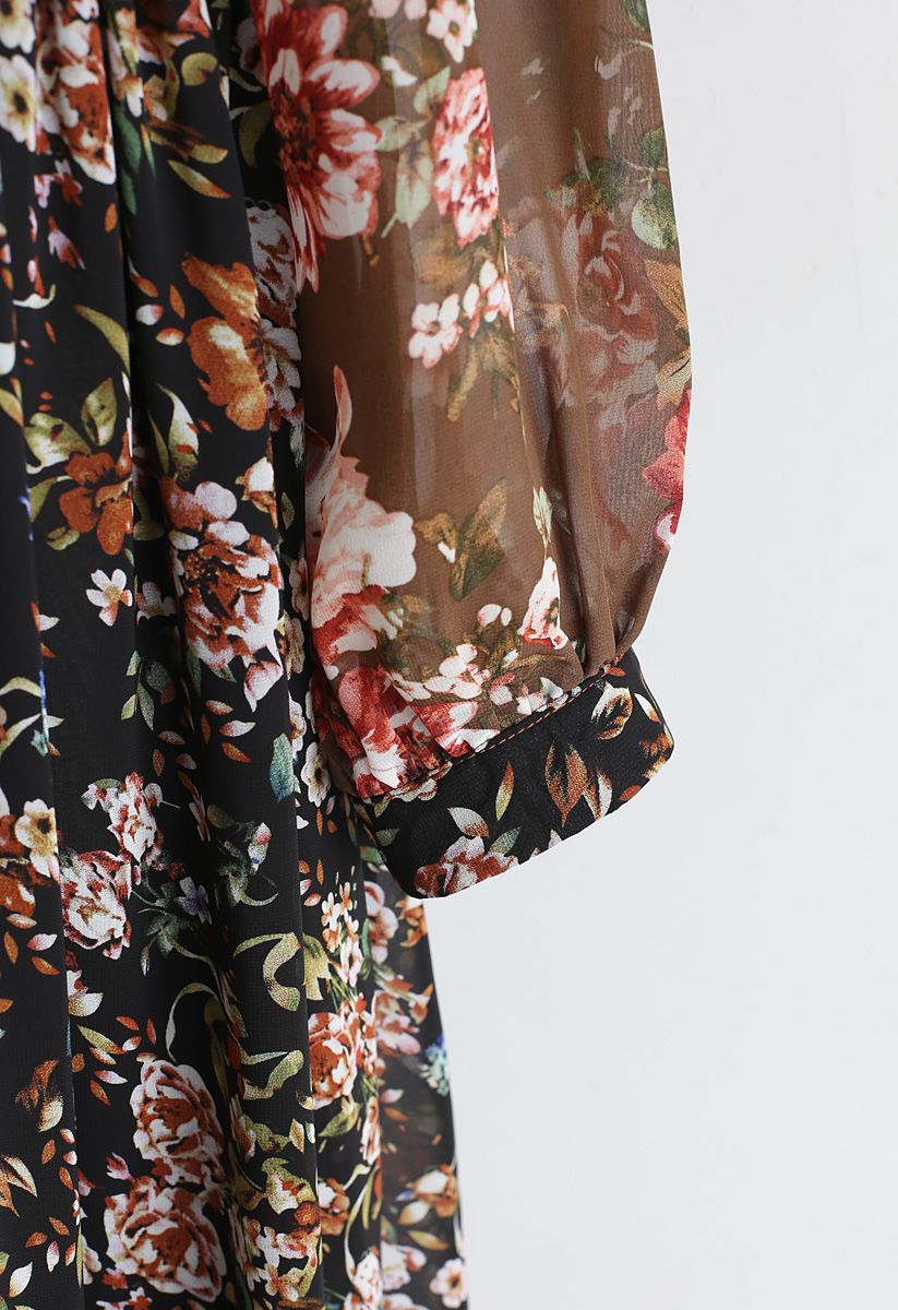 Scattered Floral Buttoned Chiffon Dress - Retro, Indie and Unique Fashion