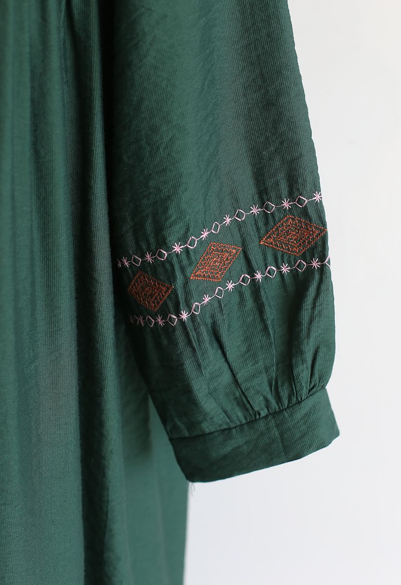 Embroidered Sleeves Boho Midi Dress in Green - Retro, Indie and Unique ...
