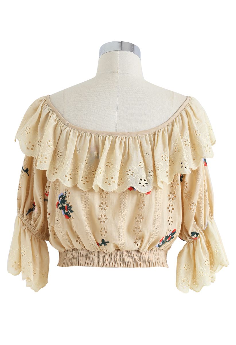 Square Neck Eyelet Embroidered Ruffle Crop Top