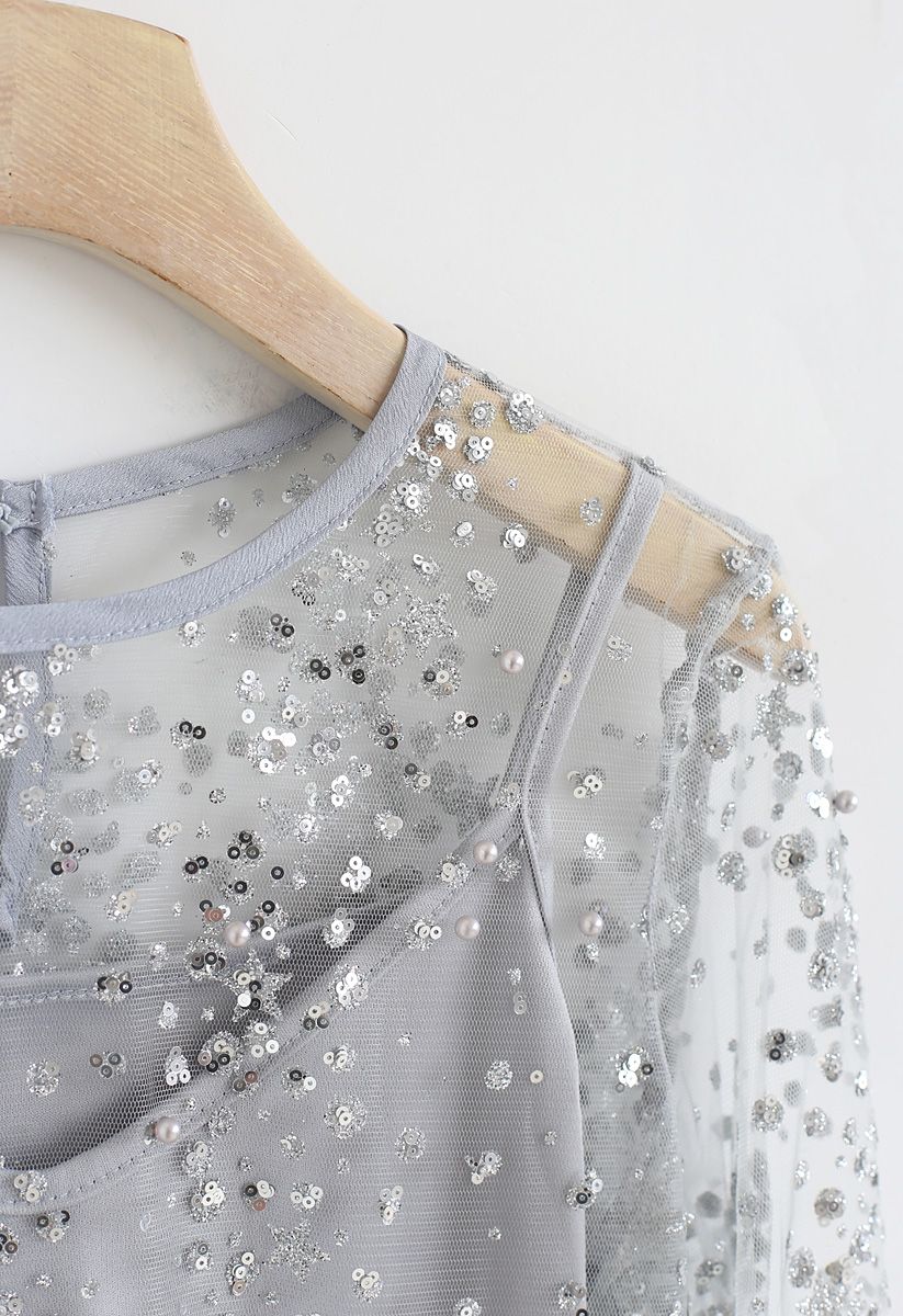 Beads and Sequins Mesh Top in Grey