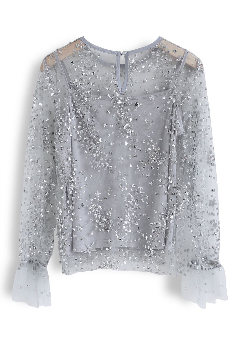 Beads and Sequins Mesh Top in Grey