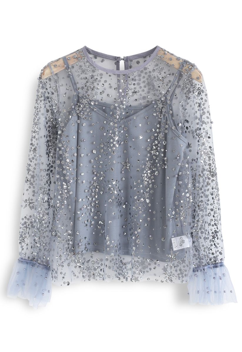 Beads and Sequins Mesh Top in Dusty Blue