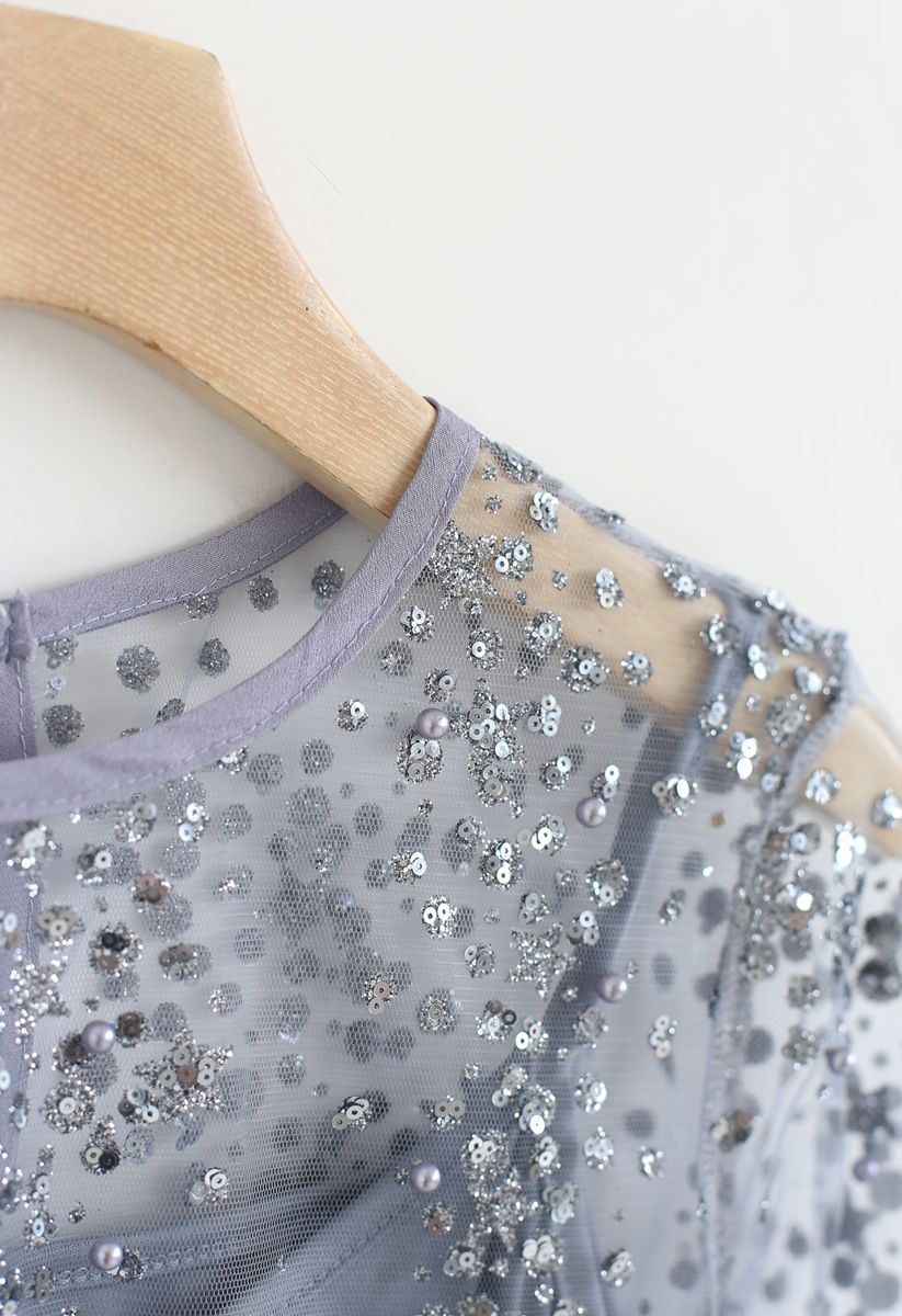Beads and Sequins Mesh Top in Dusty Blue