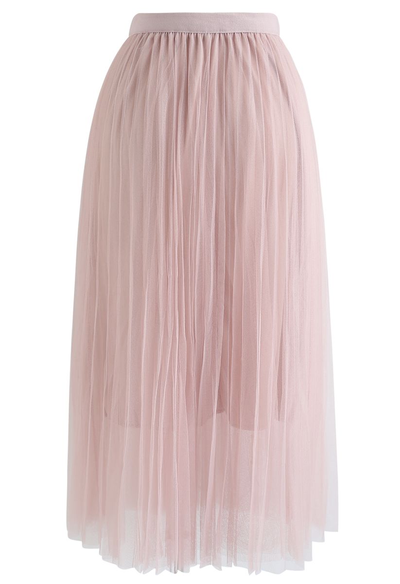 Pleated Double-Layered Mesh Tulle Pearls Skirt in Pink - Retro, Indie ...