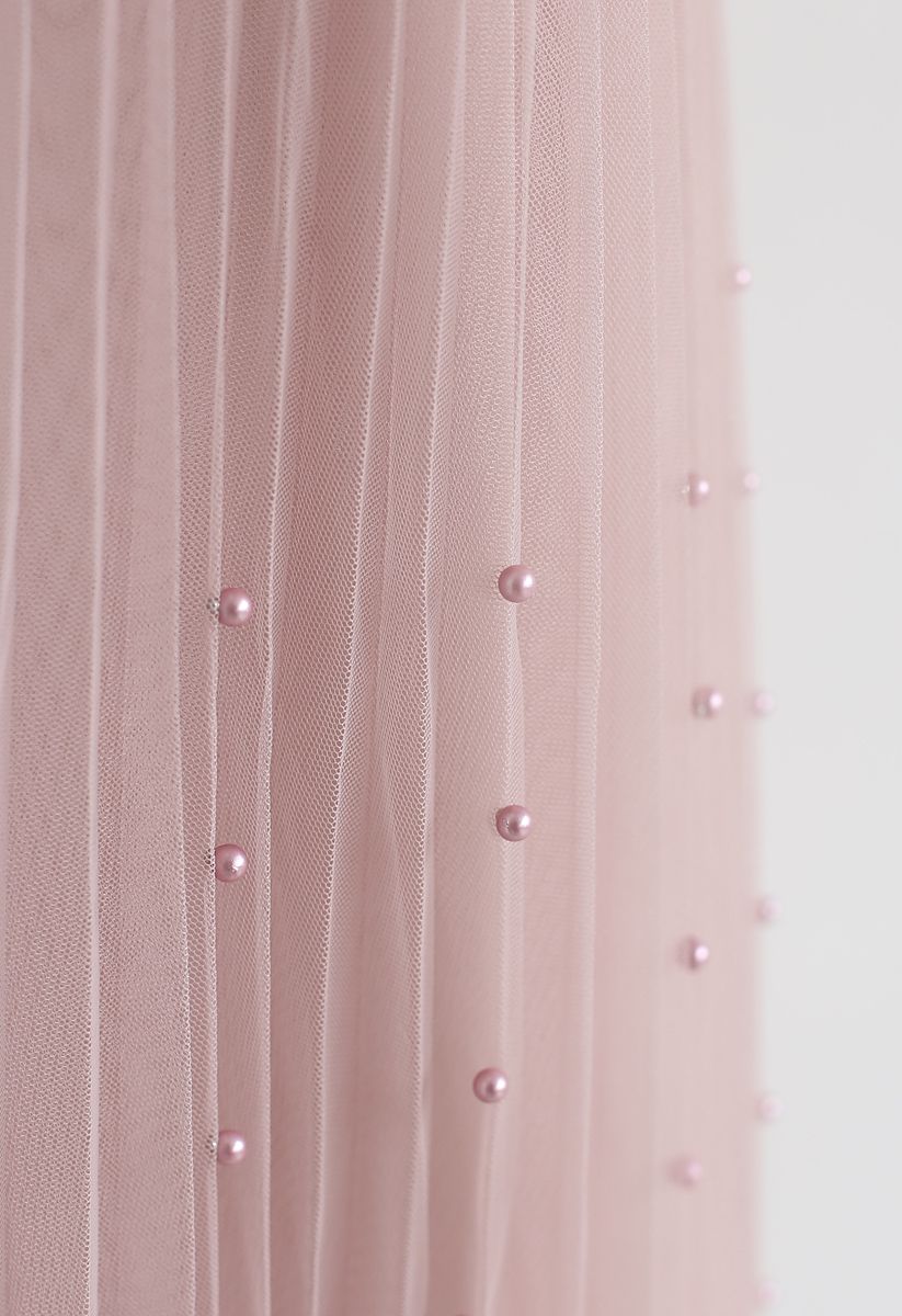 Pearls Trim Mesh Tulle Pleated Skirt in Pink