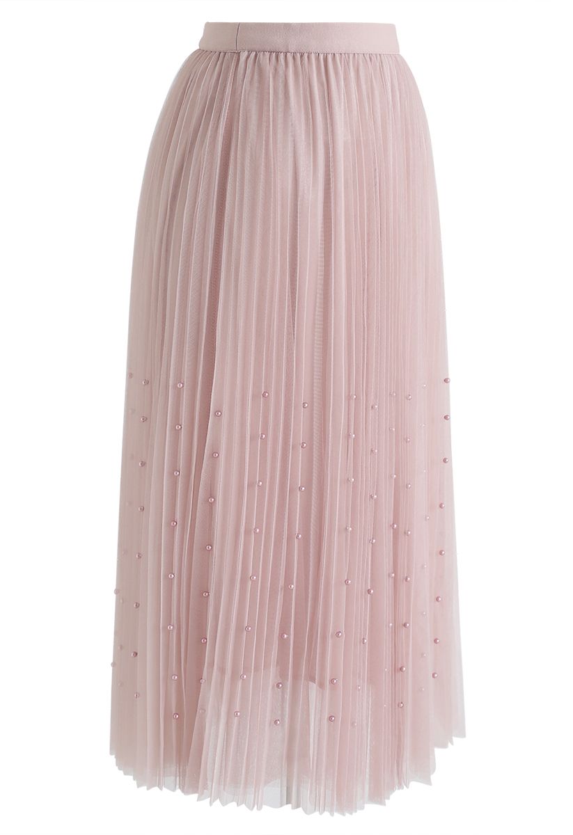 Pearls Trim Mesh Tulle Pleated Skirt in Pink - Retro, Indie and Unique ...